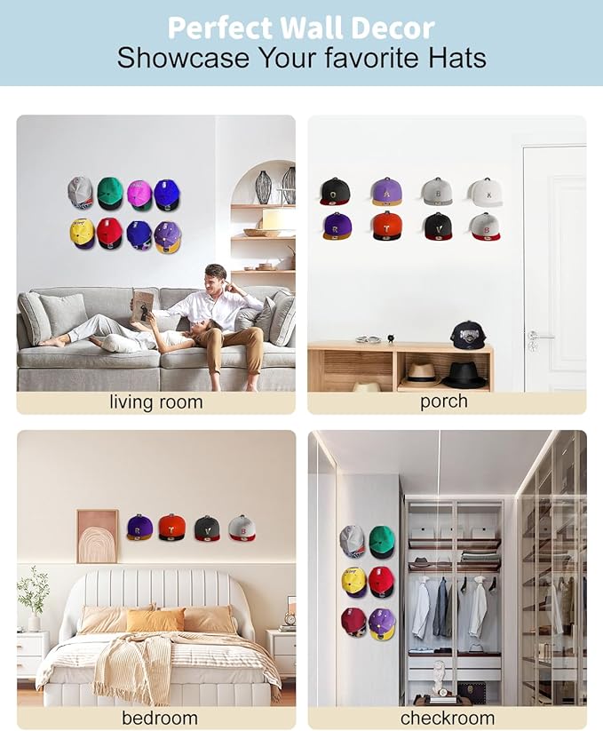 Adhesive Hat Hooks for Wall, Baseball Caps Strong Holdr, Ball Cap Hanger Wall Mount, Hat Display Rack, Hat Organizer Accessor