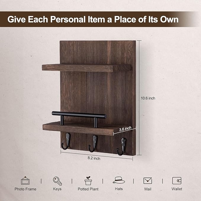 Key Holder Wall Mount, Mail Shelf Decor with 3 Key Hooks, Versatile Wood Wall Organizer for Entryway Hallway (8.2” x 10.6”x 3
