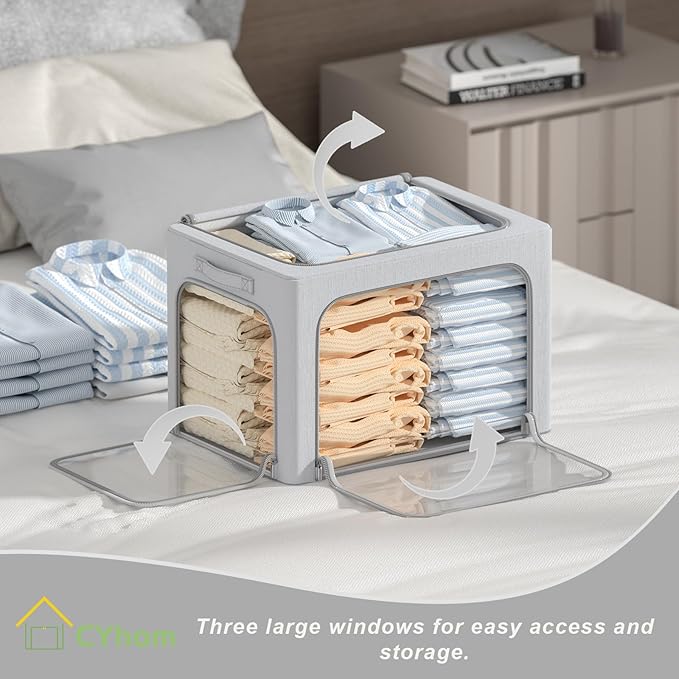 3 Openings Clothes Storage Bins Box - 3Pack Stackable Foldable Storage Bin - Metal Frame Storage Box Clothing Storage Organiz