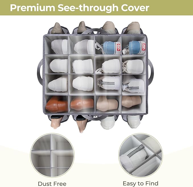 Shoe Organizer for Closet, Shoe Storage Solution with Clear Cover & Adjustable Dividers, Fabric Shoe Box Fits 16 +8 Pairs Sho