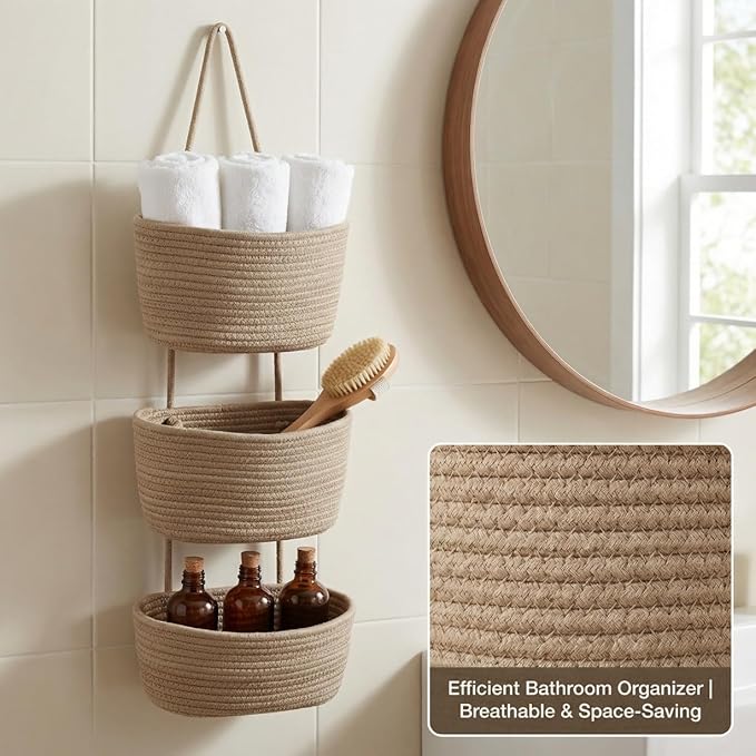 Hanging Wall Basket, Over the Door Hanging Basket with Hooks, Cotton Back of Door Organizer for Living Room, Bedroom, Boho Wa