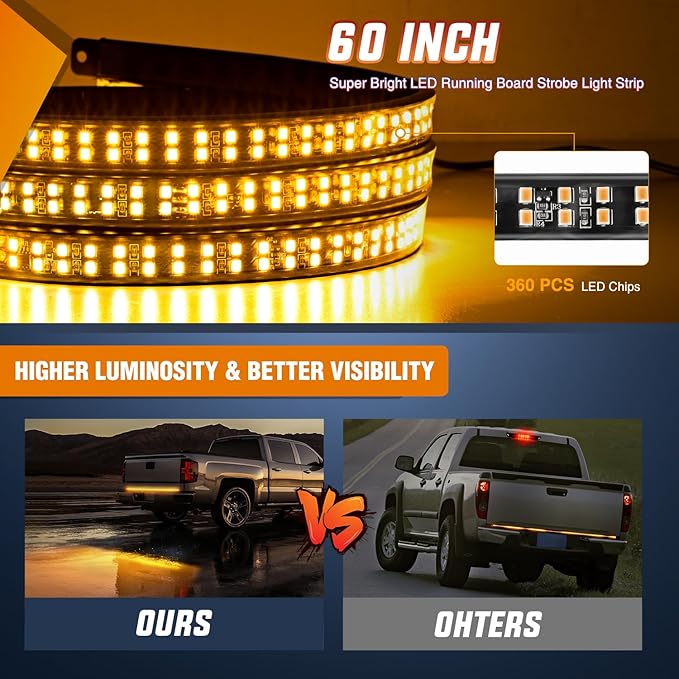 Nilight 60 Inch Truck Tailgate Strobe Light Strip Tail Emergency Bar Rear Window Warning Lamp Ultra-Bright Double Row 360 LED for Pickup Trailers Construction Vehicles Car SUV, Amber