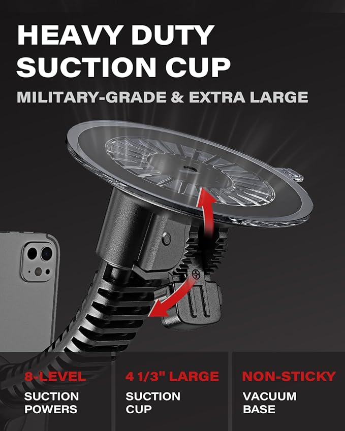APPS2Car Heavy-Duty Truck Tablet Holder, 4.33" Extra Large Vacuum Suction Cup, Ultra Stable Double-Rib Metal Arm Anti-Shake, Adjustable Tablet Car Mount for iPad fit Pickup Trucks, Semi Truck, Tractor