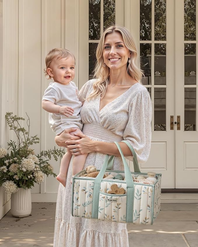 Blissful Diary Leaf Diaper Caddy Organizer, Stylish Nursery Storage Basket, Gift for Baby Shower, Newborn Essentials, Sage Le