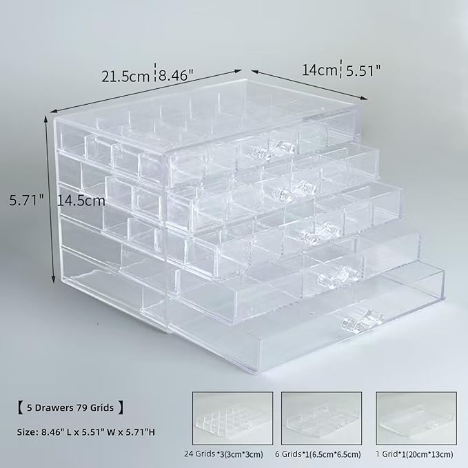 Feadily Acrylic Jewelry Organizer Box, Jewelry Drawer Organizer With 5 Drawers 79 Grids, Clear