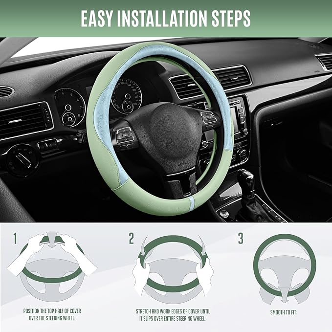 PIC AUTO Steering Wheel Cover, Light Blue Patterned & Green Leather Patchwork Design, Universal Fit 14.5"–15.5", Anti-Slip, O