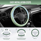 PIC AUTO Steering Wheel Cover, Light Blue Patterned & Green Leather Patchwork Design, Universal Fit 14.5"–15.5", Anti-Slip, O