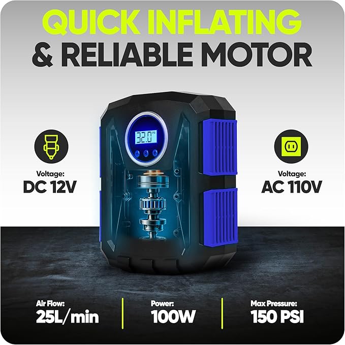 FORTEM Tire Inflator Portable Air Compressor, Air Pump for Car Tires and Bikes, Car Tire Pump w/Auto Shut Off, 150 PSI, 110V AC 12V DC, LED Light, Carrying Case, for Men, Women