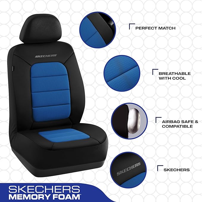 Skechers Memory Foam Car Seat Covers,Thick Cool Touch Fabric Seat Covers,Front Seat Cover Airbag Compatible,Automotive Comfor