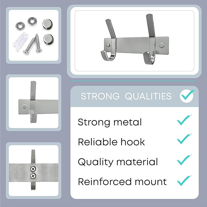 Small Coat Rack Wall Mount – Brushed Nickel 6 Inch Stainless Steel Hook Rail with 2 Heavy Duty Double Coat Hooks – Wall Mount