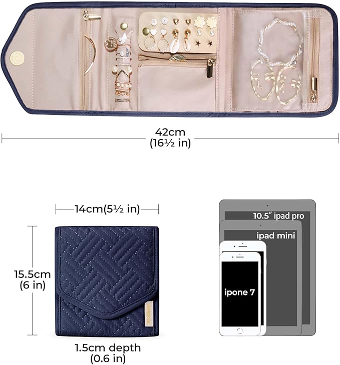 BAGSMART Travel Jewelry Organizer Case Foldable Jewelry Roll for Journey Rings, Necklaces, Earrings, Bracelets,Mini,Smokey Bl