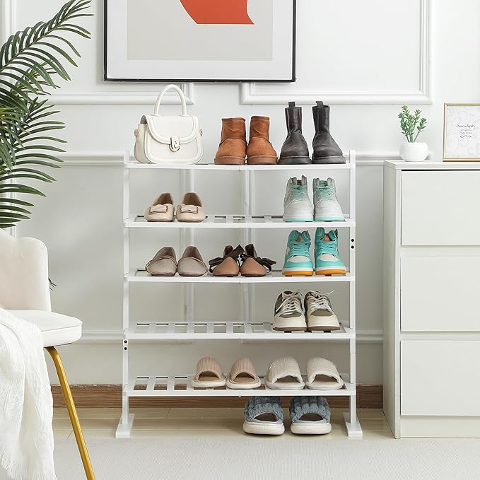 Varhomax White Shoe Rack, 5-Tier Bamboo Shoe Rack Organizer for Closet and Entryway, Thick Wooden Free Standing Shoe Shelf fo