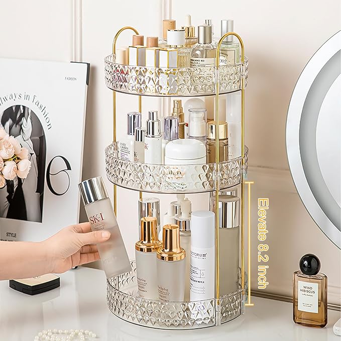 Rotating Makeup Organizer for Vanity, 3 Tier Perfume Skincare Storage for Women, Bathroom Counter Organizer, 360 Spinning Cos