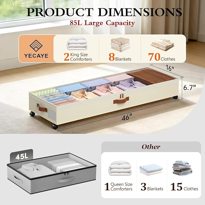 Yecaye Under Bed Storage with Wheels, 2 Pack Under Bed Storage Containers with Adjustable Dividers & Clear Window, 85L Rollin