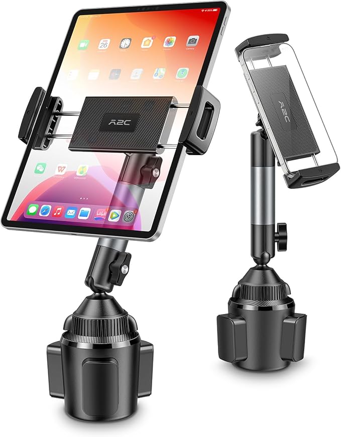 A2C Heavy-Duty iPad Holder for Car Cup Holder, 5.5" Stable & Adjustable Aluminum Alloy Arm, Tablet Mount for Car Truck Road Trip Essentials Compatible with 4.7"-13" Cell Phones & Tablets