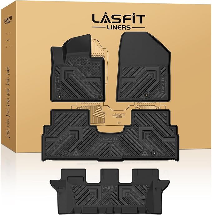 LASFIT Floor Mats for KIA Sorento 7 Seats 2020 2019 2018 2017 2016, All Weather TPE Custom Fit Floor Liners for KIA Sorento 1st & 2nd & 3rd Row Car Mats, Black