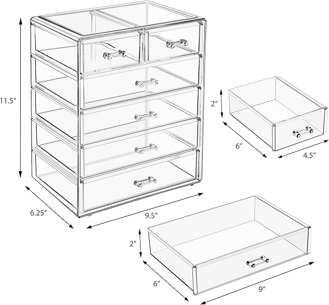 Sorbus Acrylic Makeup Organizer Set, 6-Drawer Vanity & Countertop Cosmetic Storage with Small & Wide Drawers, Clear Makeup St