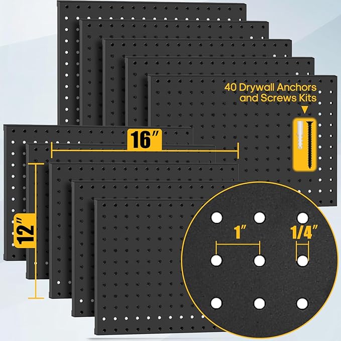 PBHEPJ 10 Pcs Metal Pegboard Panels, Heavy Duty Peg Boards for Garage and Garden Tool Storage, Includes Drywall Anchors and S