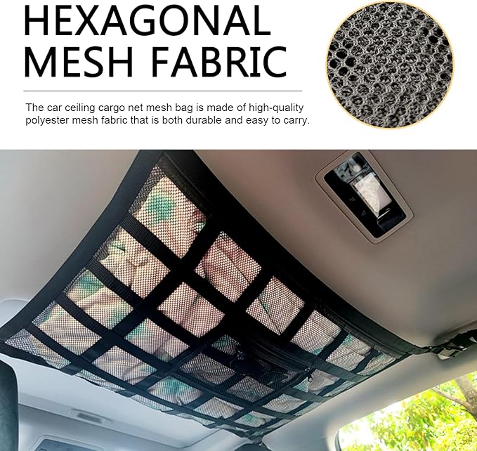 Car Roof Storage Net, Double Layer Mesh Polyester Auto Ceiling Cargo Net, 31.5" x 21.6" Camping Overhead Storage Organizer, Universal for Sedans Jeeps SUVs (Black)
