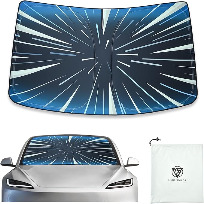 Ludicrous Sunshade for Tesla Model S/3/X/Y Front Windshield Sun Shade Accessories Juniper/Highland Foldable Car Window Sun Blocker with Organizer Bag,Triple-Coated Triple Layer