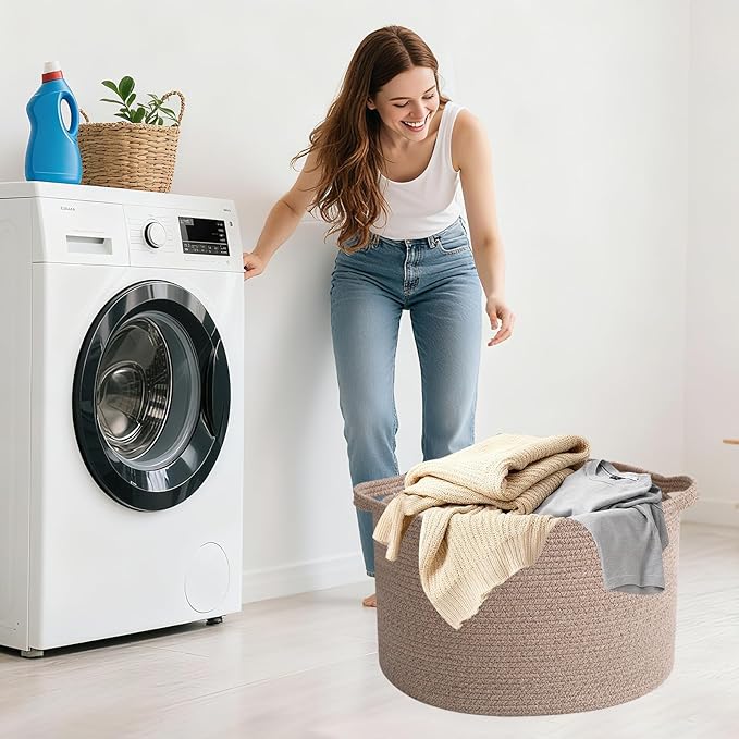 90L Large Blanket Basket,21.7"L x 21.7"W x 13.8"H Rope Woven Baskets with Handles,Brown Storage Bins,Laundry Basket Perfect f
