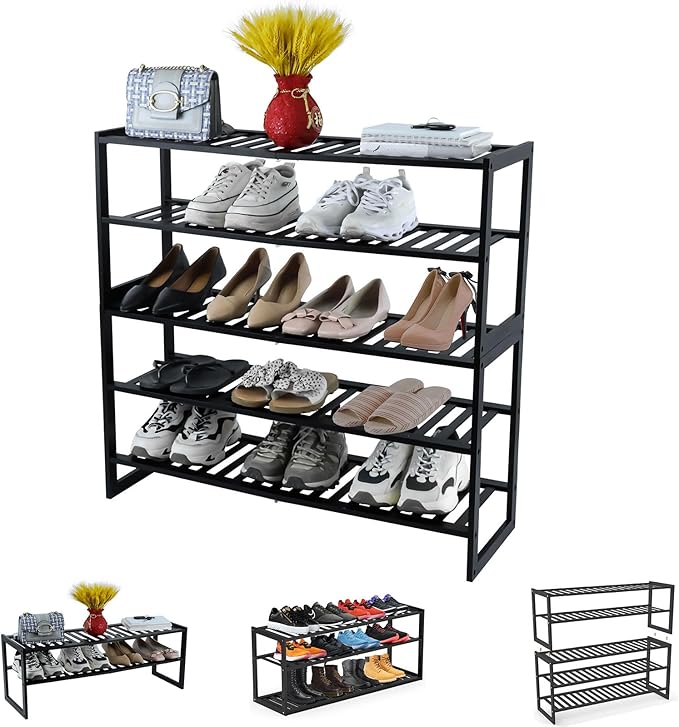 Jripae Shoe Rack Bamboo 5 Tier Shoe Organizer, Storage 20-25 Pairs for Closet Entryway, Stackable Large Tall Shoe Shelf Holde