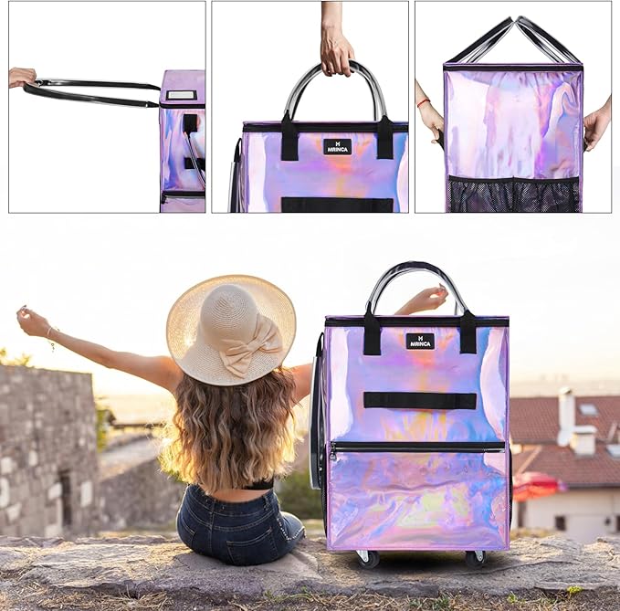 Reusable Grocery Bag on Wheels, Foldable Rolling Shopping Tote Bag, Water-Resistant Material, Zipper Top, Heavy Duty Handle, Lightweight, Strong Carrying Capacity, Medium, Gradient Purple