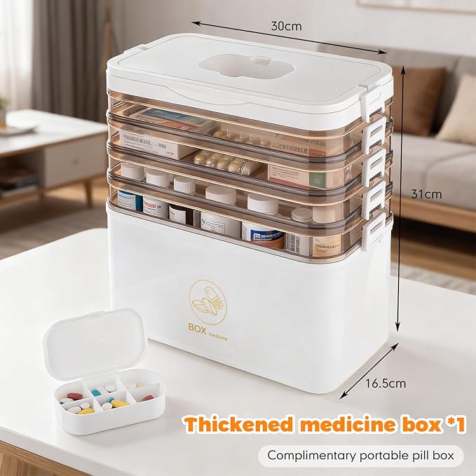 5-Tier Medicine Organizer-12 x 7 x 12.2 Inch Portable Medicine Cabinet Organizer with Plastic Handle All-Purpose Medical Box 