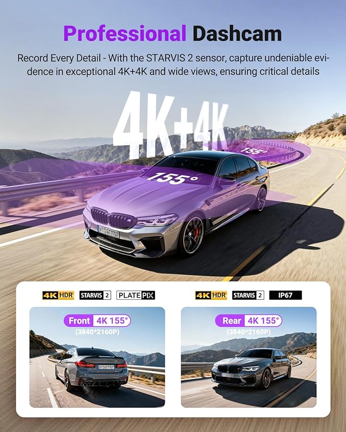 Vantrue S1 Pro Max AI Dash Cam 4K+4K w/ADAS & BSD, Dual STARVIS 2 Dash cam Front and Rear, 2 Channel HDR Dashcam, PlatePix Ni