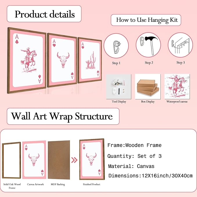 Western Cowboy Wall Art Set of 3 Southwestern Playing Card Wall Decor Pink Western Poster Canvas Prints Longhorn Bull Skull R