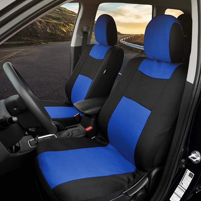BDK Front & Rear Combo Set of 4 Piece Auto Carpet Floor Mats with PolyPro Car Seat Covers & Steering Wheel Cover, Fits Most for Car Truck Van SUV, Colorful Design Interior Car Accessories