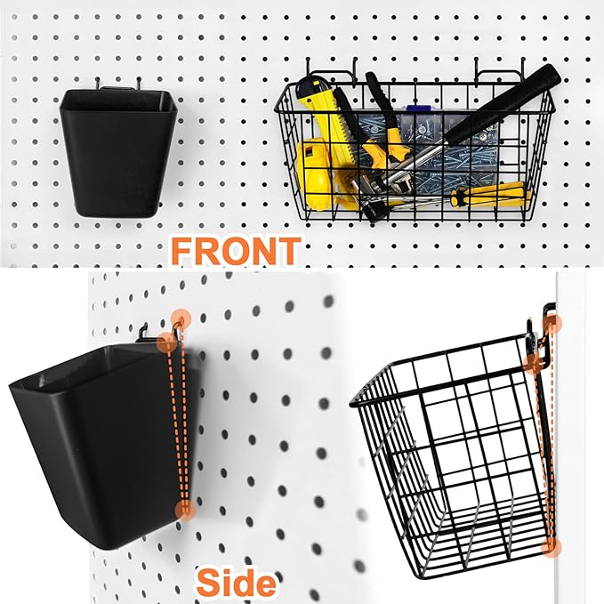 Pegboard Basket Organizers, Peg Board Large Baskets Hooks Bins Cups Tool Organizer 6 Pack Set, Wall Storage Display Hanging A