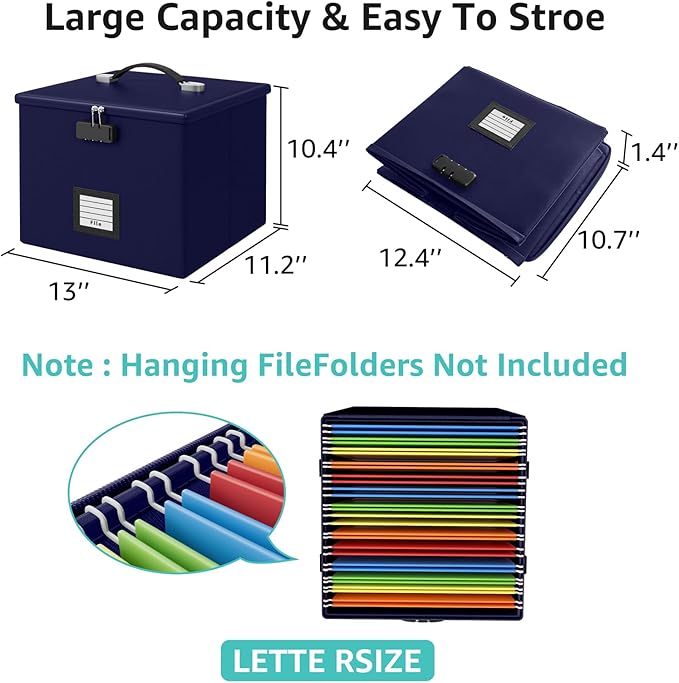 Navy blue Fire Proof File Box for Documents - Portable Fireproof Document Organizer Box with Handle Waterproof Safe Locking F