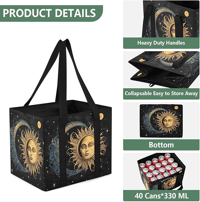 Sun and Moon Reusable Grocery Bags Large Shopping Tote Bag with Reinforced Bottom Board, Water Resistant Foldable Storage Bag