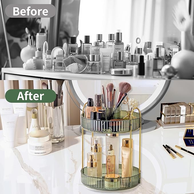Asayuee 360 Rotating Makeup Organizer,2 Tier Large Capacity Make Up Organizers and Storage,Skincare Perfume Vanity Organizers