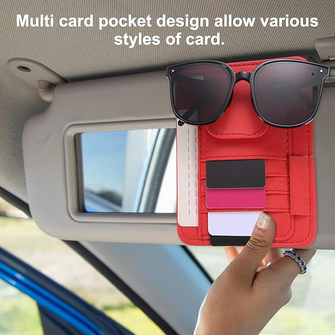 HARFINGTON 2Pcs Car Sun Visor Organizer 6.02" x 4.76" Leather Multi-Pocket Visor Card Sleeve Pocket Car Truck SUV Interior Storage Pouch for Driving License Credit Card Bill Sunglasses, Brown