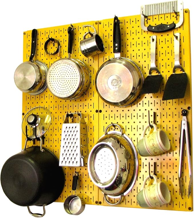 Wall Control Kitchen Pegboard Organizer Pots and Pans Storage Rack Organization Kit with Yellow Pegboard and Black Accessorie