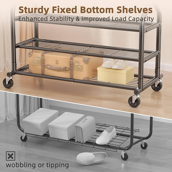 EAGMAK Heavy Duty Clothes Rack Load 556 LBS, Rolling Clothing Rack With 3 Shelves, Adjustable Metal Clothes Hanger with Wheel