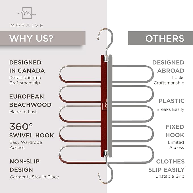 MORALVE Pants Hangers Space Saving - 2 Pack European Beechwood Scarf and Jean Hangers - Closet Organizer and Space Saver Pant