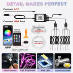 Car Interior LED Strip Lights, 10m RGB 8 in 1 Car Ambient Decor Neon Lights Kit 400 inches Fiber Optic tubing USB Powered RGB with Wireless APP Remote Control, Ambient Lighting Kits 16 Million Colors
