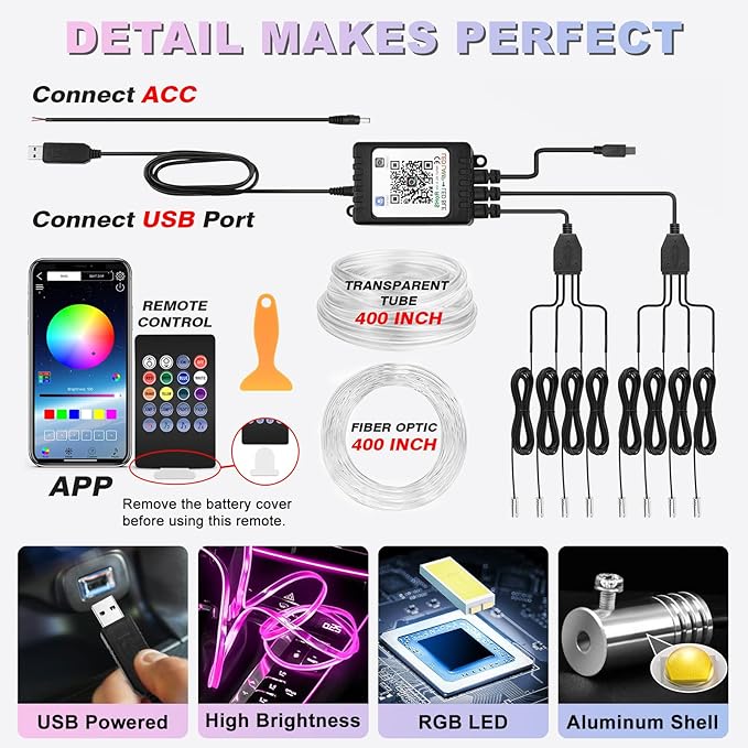 Car Interior LED Strip Lights, 10m RGB 8 in 1 Car Ambient Decor Neon Lights Kit 400 inches Fiber Optic tubing USB Powered RGB with Wireless APP Remote Control, Ambient Lighting Kits 16 Million Colors