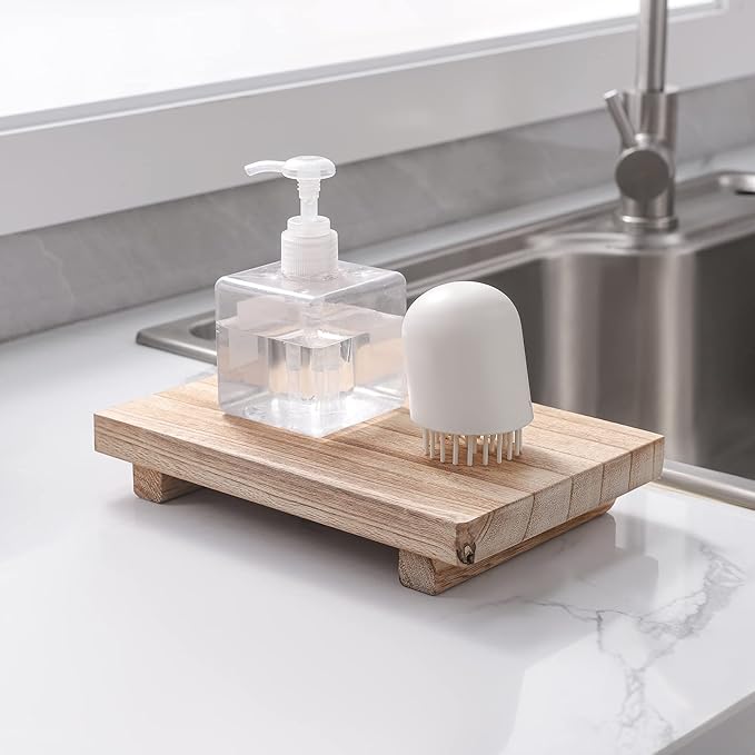 zoocatia Small Wood Tray Pedestal Stand Farmhouse Bathroom Decor Decorative Wooden Riser Kitchen Soap Dish Holder for Vanity,