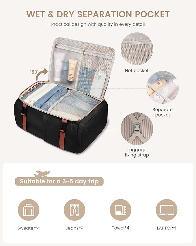 LOVEVOOK 40L Travel Backpack Carry on Flight Approved,Personal Item Bag with 3 Packing Cubes, Travel Backpack Bag for Women F