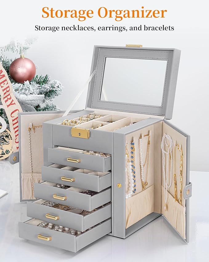 TORIBIO Large Jewelry Box for Women, Leather Jewelry Organizer with Mirror & Lock, 6-Tier Jewelry Storage Case for Girls/Wome