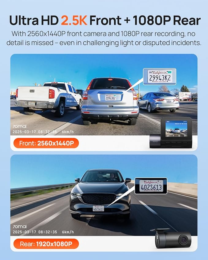 70mai Dash Cam Front and Rear - 2.5K+1080P Dual Dash Camera with HDR, Super Night Vision, F1.55 Aperture, 24H Parking Mode, B