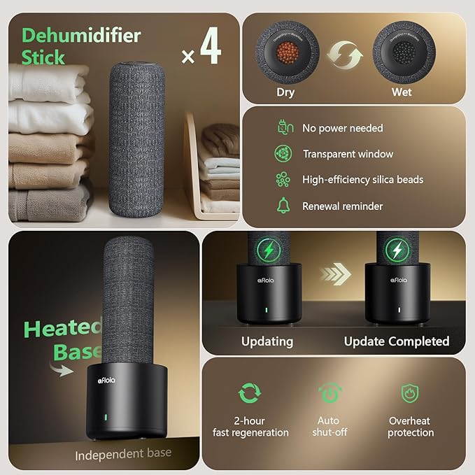 Afloia Rechargeable Cordless Gun Safe Dehumidifier with Heating Base, Mini Quiet Portable Dehumidifier for Spaces Like Room,