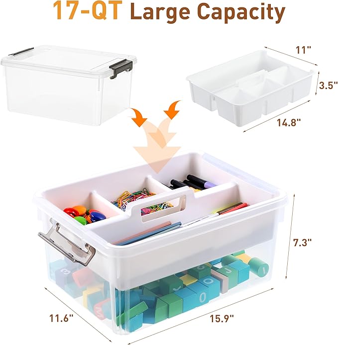 Citylife 17 QT Plastic Storage Bins Clear Storage Box with Removable Tray Stackable Latching Box with Handle for Oraganizing 