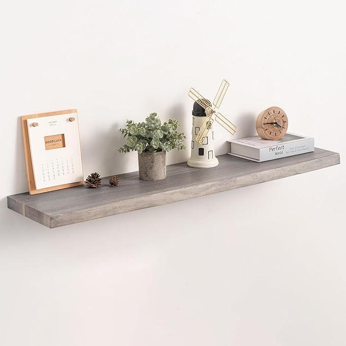 Live Edge Floating Shelf, 40 Inch Solid Elm Wood - Weathered Gray Rustic Wood Wall Shelf with Invisible Brackets for Living R