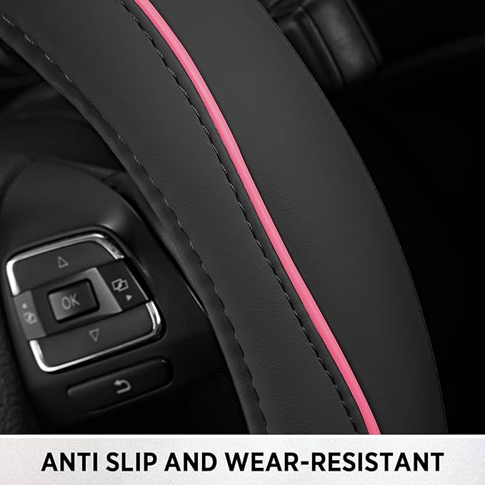 Road Comforts Leather Steering Wheel Cover with Decorative Trim and Piping, Anti-Slip Breathable Design, Fits 14.5–15 Inch Ro