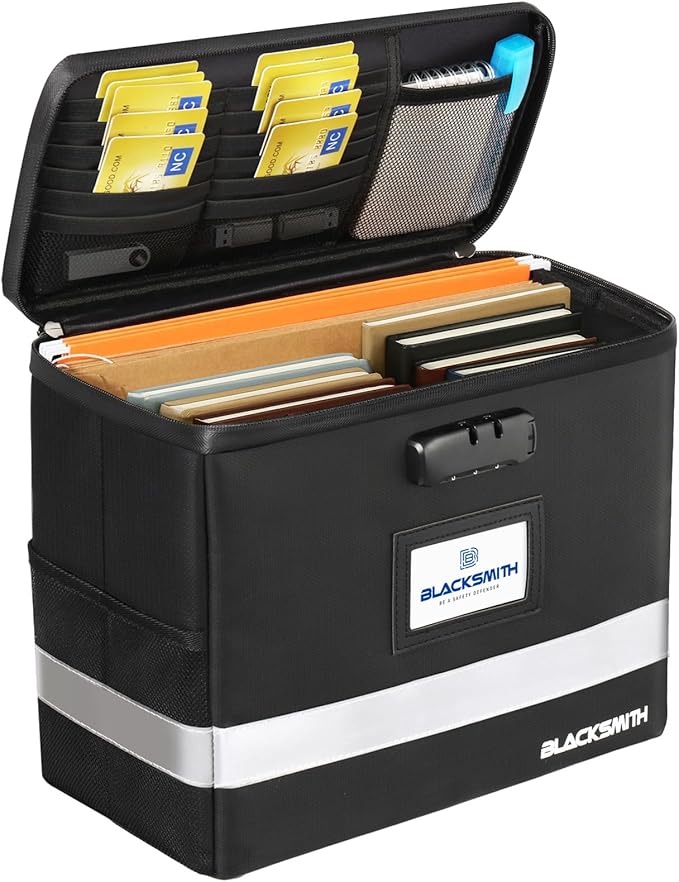 BlackSmith Fireproof Document Box With Lock, 4200°F Heat Resistant & IPX3 Waterproof Document Bag with Hanging File Organizer